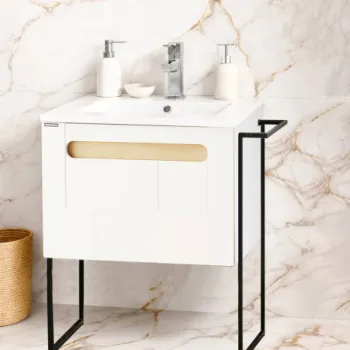 Set Baza front MDF si Lavoar seria 032, cu sertar, cadru metalic, montat, 60 cm, alb + sonoma imagine