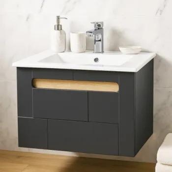 Set Baza front MDF si Lavoar seria 032, suspendata, cu sertar, montat, 60 cm, antracit + sonoma imagine