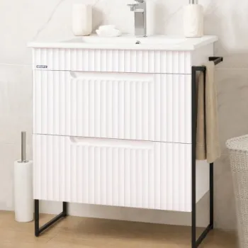 Set Baza front MDF si Lavoar seria 033, cadru metalic, cu sertare, montata, 60 cm, alb rustic imagine