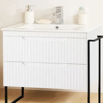 Set Baza front MDF si Lavoar seria 033, cadru metalic, cu sertare, montata, 80 cm, alb rustic imagine