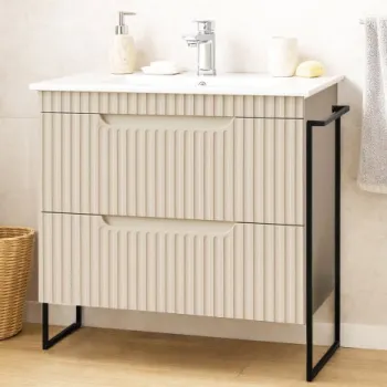 Set Baza front MDF si Lavoar seria 033, cadru metalic, cu sertare, montata, 80 cm, crem imagine