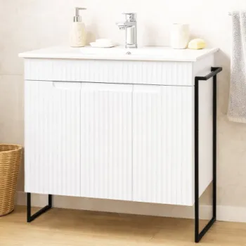 Set Baza front MDF si Lavoar seria 033, cadru metalic, montata, 80 cm, alb rustic imagine