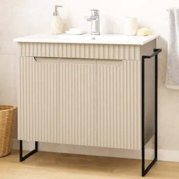 Set Baza front MDF si Lavoar seria 033, cadru metalic, montata, 80 cm, crem imagine