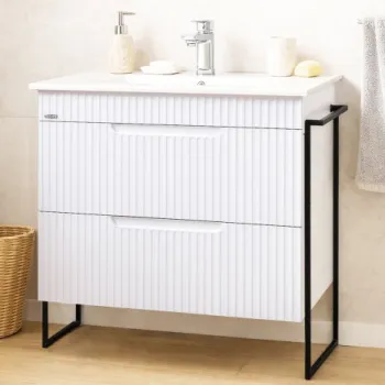Set Baza front MDF si Lavoar seria 033, cadru metalic, sertare, montata, 80 cm, alb rustic imagine