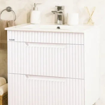 Set Baza front MDF si Lavoar seria 033, cu sertare, montat, 70 cm, alb rustic imagine