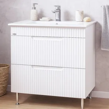 Set Baza front MDF si Lavoar seria 033, cu sertare, montat, 80 cm, alb rustic imagine