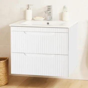 Set Baza front MDF si Lavoar seria 033, suspendata, cu sertare, montat, 60 cm, alb rustic imagine