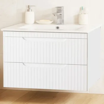 Set Baza front MDF si Lavoar seria 033, suspendata, cu sertare, montat, 80 cm, alb rustic imagine