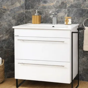 Set Baza front MDF si Lavoar seria 054, cadru metalic, cu sertare, montata, 70 cm, alb imagine