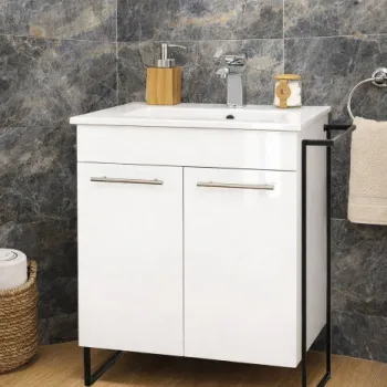 Set Baza front MDF si Lavoar seria 054, cadru metalic, montata, 60 cm, alb imagine