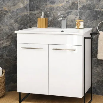 Set Baza front MDF si Lavoar seria 054, cadru metalic, montata, 70 cm, alb imagine