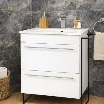Set Baza front MDF si Lavoar seria 054, cadru metalic, sertare, montata, 60 cm, alb imagine