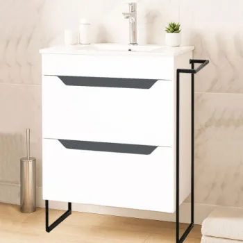 Set Baza front MDF si Lavoar seria 056, cu sertare, cadru metalic, 50 cm, alb + antracit imagine