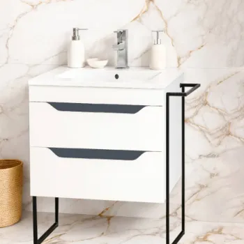 Set Baza front MDF si Lavoar seria 056, cu sertare, cadru metalic, 60 cm, alb + antracit imagine