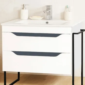 Set Baza front MDF si Lavoar seria 056, cu sertare, cadru metalic, montat, 80 cm, alb + antracit imagine