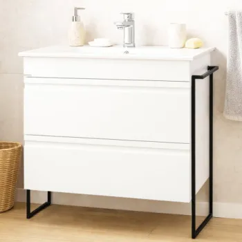 Set Baza front MDF si Lavoar seria 086, cadru metalic, cu sertare, montata, 80 cm, alb imagine