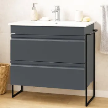 Set Baza front MDF si Lavoar seria 086, cadru metalic, cu sertare, montata, 80 cm, antracit imagine