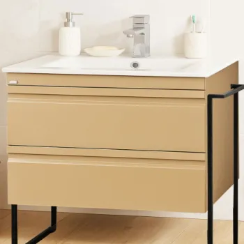 Set Baza front MDF si Lavoar seria 086, cadru metalic, cu sertare, montata, 80 cm, cappuccino imagine