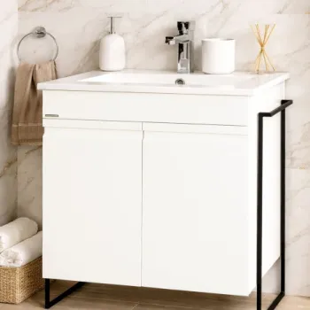 Set Baza front MDF si Lavoar seria 086, cadru metalic, montata, 70 cm, alb imagine