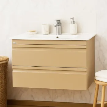 Set Baza front MDF si Lavoar seria 086, suspendata, cu sertare, montat, 80 cm, cappuccino imagine