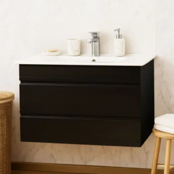 Set Baza front MDF si Lavoar seria 086, suspendata, cu sertare, montat, 80 cm, negru imagine