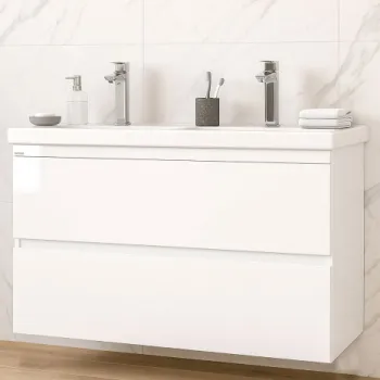 Set Baza front MDF si Lavoar seria 286, suspendata, cu sertare, montat, 120 cm, alb imagine