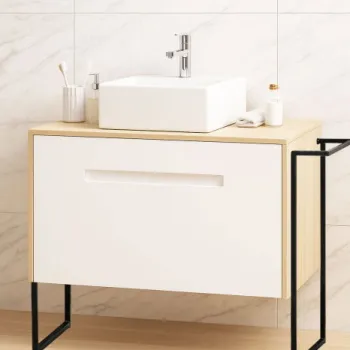 Set Baza front MDF si Lavoar seria 401, cu sertare, cadru metalic, montat, 90 cm, fag imagine