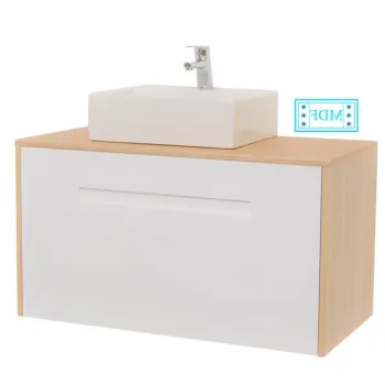 Set Baza front MDF si Lavoar seria 401, suspendata cu sertare, 90 cm, alb + fag imagine