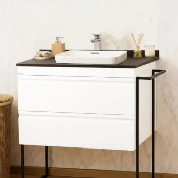 Set Baza front MDF si Lavoar seria 633, cu sertare, cadru metalic, montat, 80 cm, alb rustic imagine