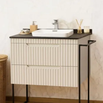 Set Baza front MDF si Lavoar seria 633, cu sertare, cadru metalic, montat, 80 cm, crem imagine