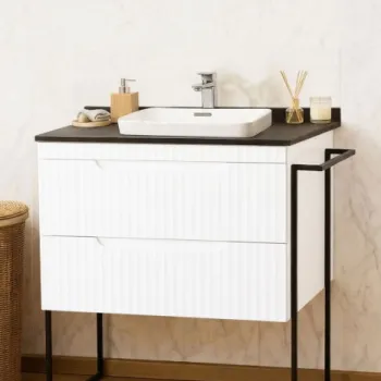 Set Baza front MDF si Lavoar seria 633, cu sertare, cadru metalic, montata, 80 cm, alb rustic imagine