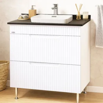 Set Baza front MDF si Lavoar seria 633, cu sertare, montat, 80 cm, alb rustic imagine