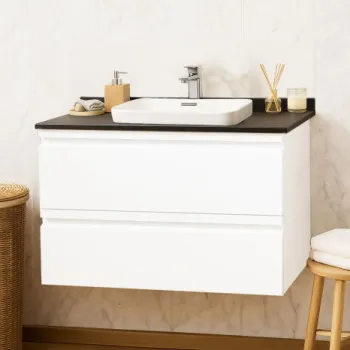 Set Baza front MDF si Lavoar seria 686, suspendata, cu sertare, montat, 80 cm, alb imagine