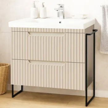 Set Baza front MDF si Lavoar seria 733, cadru metalic, cu sertare, montata, 80 cm, crem imagine
