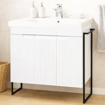 Set Baza front MDF si Lavoar seria 733, cadru metalic, montata, 80 cm, alb rustic imagine