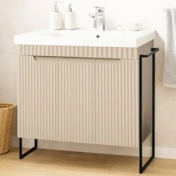 Set Baza front MDF si Lavoar seria 733, cadru metalic, montata, 80 cm, crem imagine