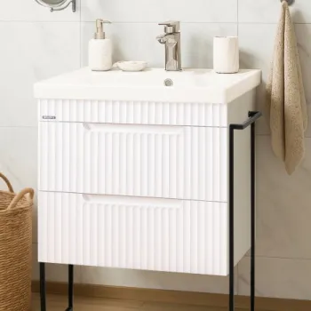 Set Baza front MDF si Lavoar seria 733, cadru metalic, sertare, 60 cm, alb rustic imagine