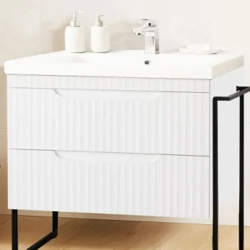 Set Baza front MDF si Lavoar seria 733, cadru metalic, sertare, montata, 80 cm, alb rustic imagine