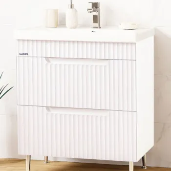 Set Baza front MDF si Lavoar seria 733, cu sertare, montat, 70 cm, alb rustic imagine