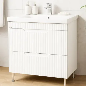 Set Baza front MDF si Lavoar seria 733, cu sertare, montat, 80 cm, alb rustic imagine