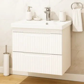 Set Baza front MDF si Lavoar seria 733, suspendata, cu sertare, montat, 60 cm, alb rustic imagine