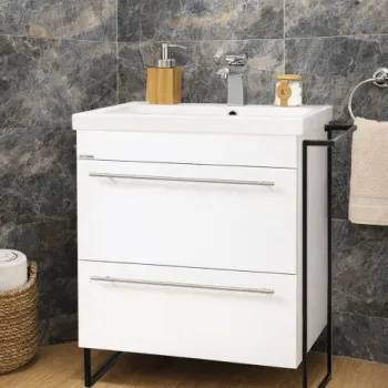 Set Baza front MDF si Lavoar seria 754, cadru metalic, cu sertare, 60 cm, alb imagine