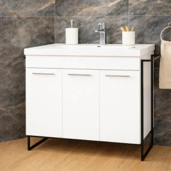 Set Baza front MDF si Lavoar seria 754, cadru metalic, montata, 100 cm, alb imagine