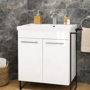 Set Baza front MDF si Lavoar seria 754, cadru metalic, montata, 60 cm, alb imagine
