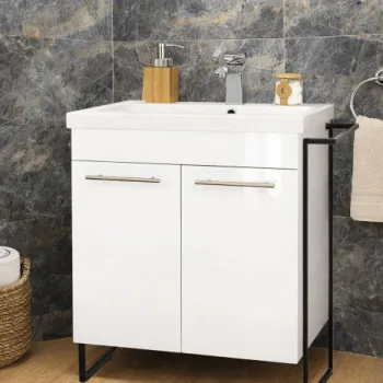 Set Baza front MDF si Lavoar seria 754, cadru metalic, montata, 65 cm, alb imagine