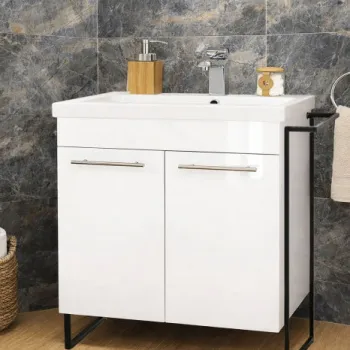 Set Baza front MDF si Lavoar seria 754, cadru metalic, montata, 70 cm, alb imagine
