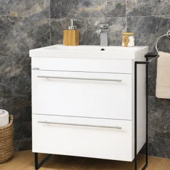 Set Baza front MDF si Lavoar seria 754, cadru metalic, sertare, montata, 65 cm, alb imagine