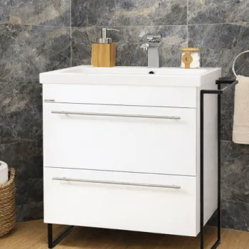 Set Baza front MDF si Lavoar seria 754, cadru metalic, sertare, montata, 70 cm, alb imagine