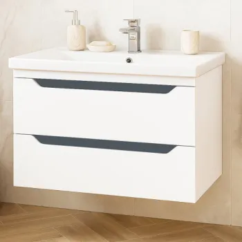 Set Baza front MDF si Lavoar seria 756, suspendata, cu sertare, montat, 80 cm, alb + antracit imagine