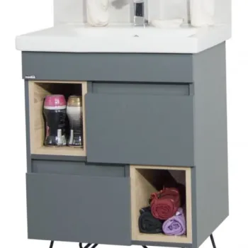 Set Baza front MDF si Lavoar seria 760, cu picioare metalice, 60 cm, antracit + sonoma imagine